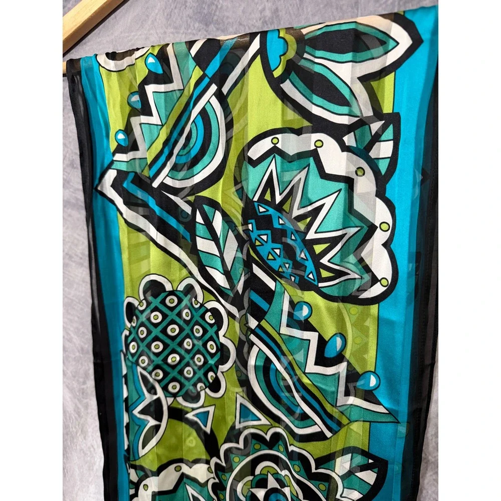 Bob Mackie Wearable Art 100% Silk Scarf Turquoise Green Geometric Floral Wrap